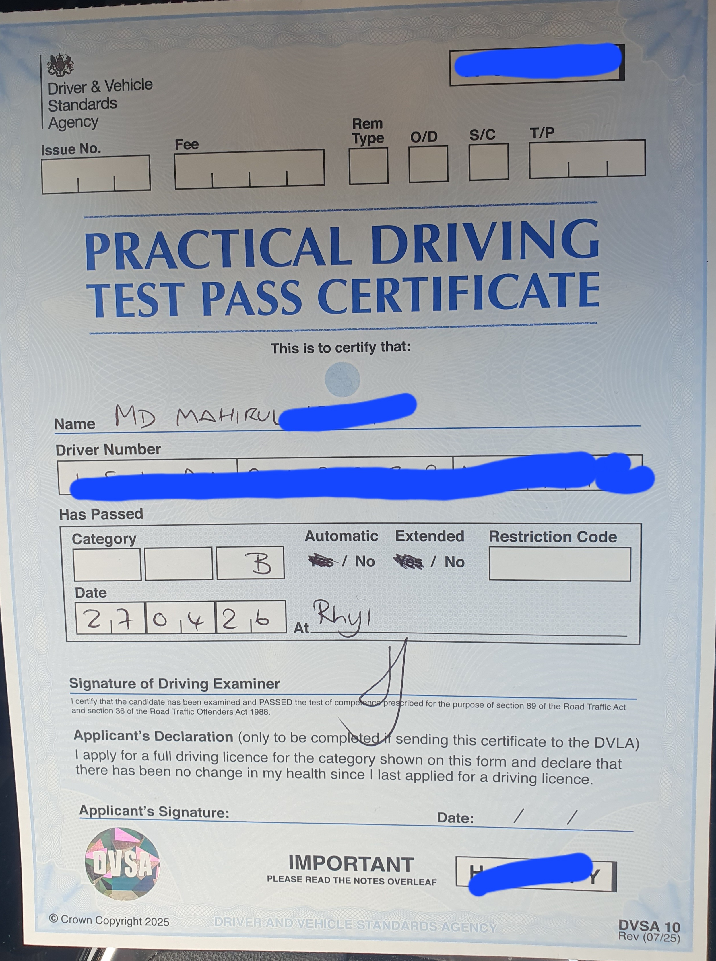 Driving Test Pass Certificate